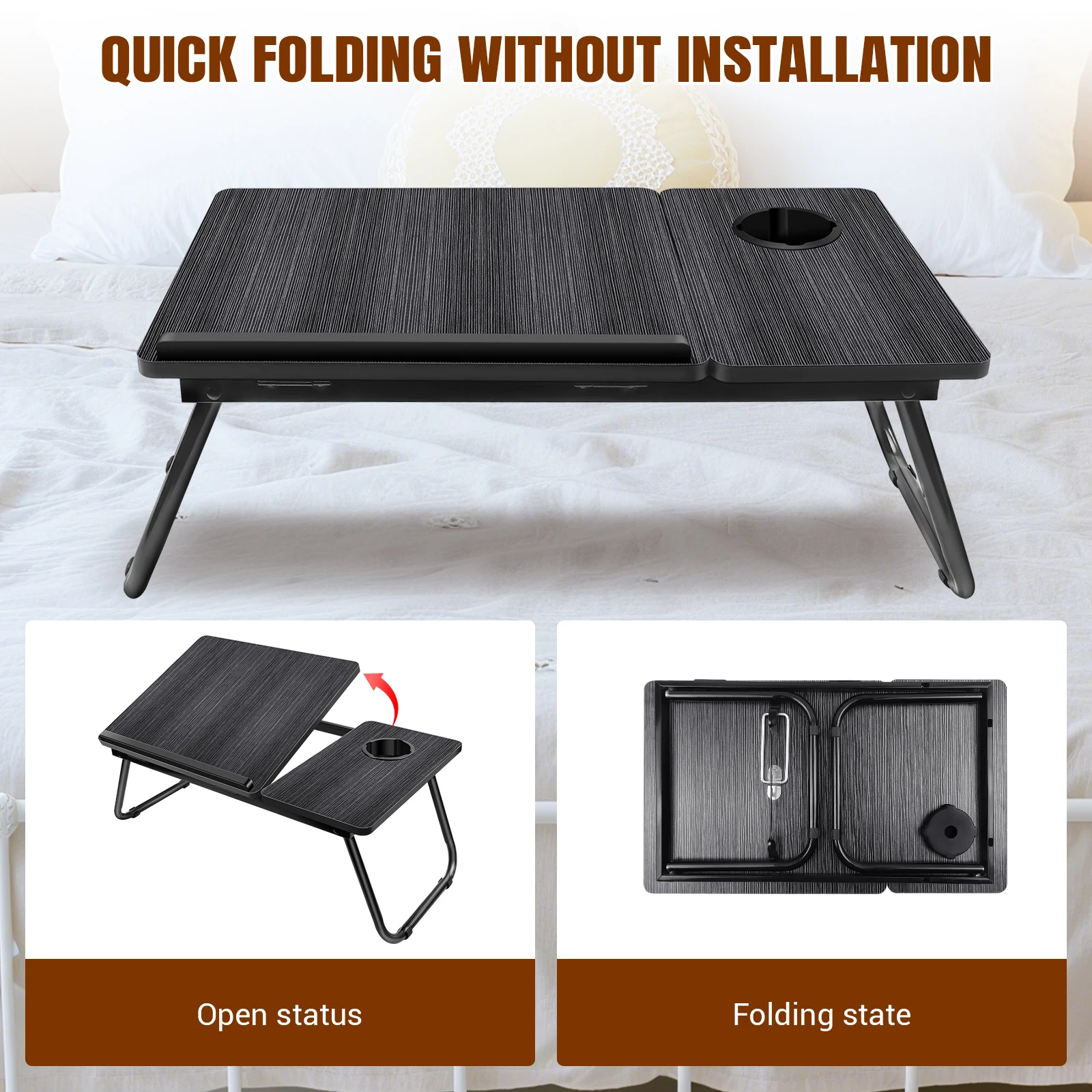 Laptop Bed Table, Adjustable Laptop Desk with Foldable Legs, Cup Holder & Book Stand, Tray Table for Home Office, Studying, Read