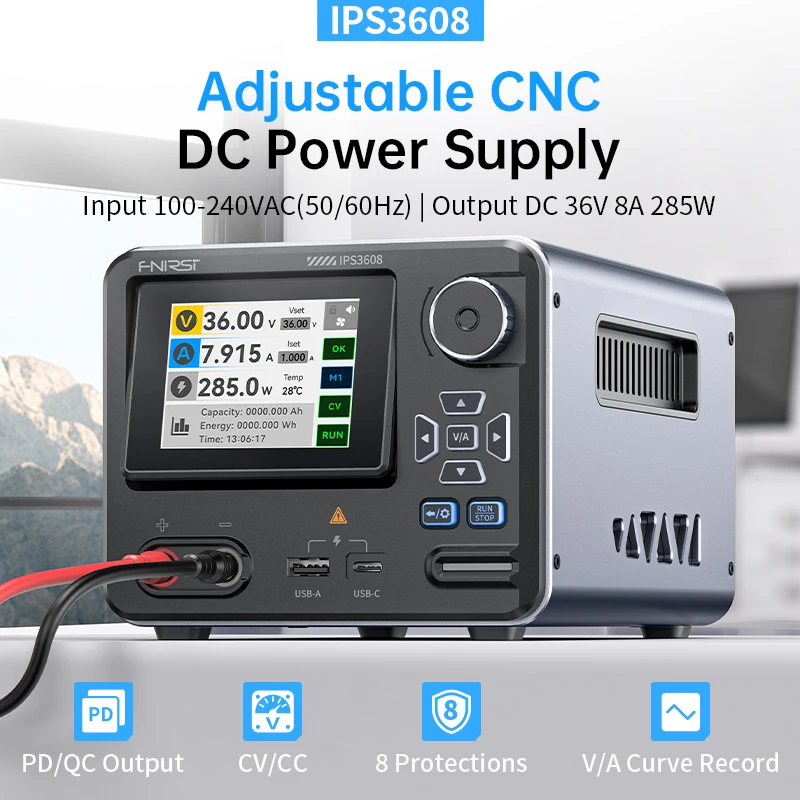 FNIRSI IPS3608 Adjustable DC Power Supply 36V 8A 285W Lab Bench Power Supply Voltage and Current Regulator USB Type-C Interface
