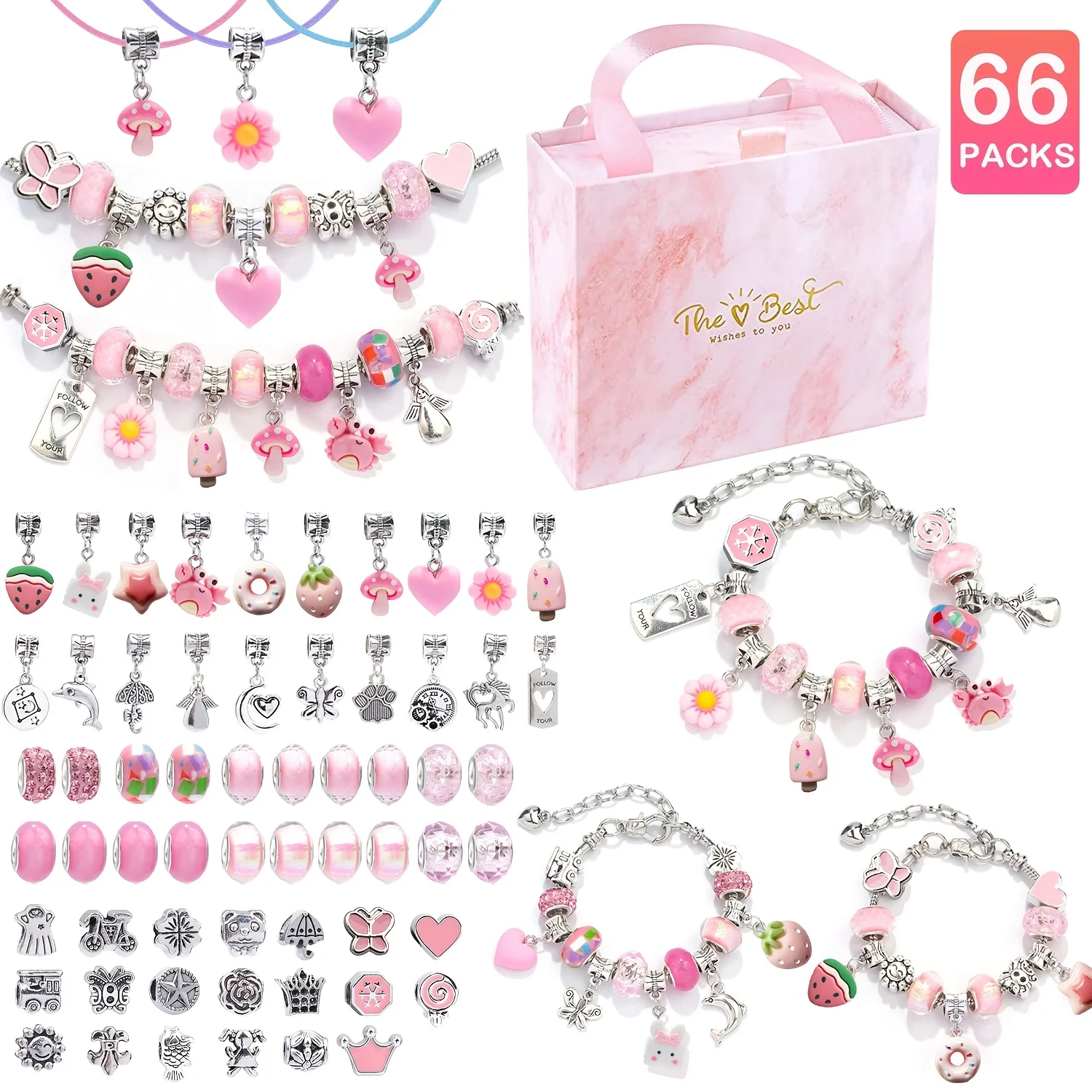 66pcs Pink/ Violet Jewelry Making Kit - Charm Bracelet Making Kit with Resin Charms Beads, DIY Jewelry Crafts for Birthday Gift