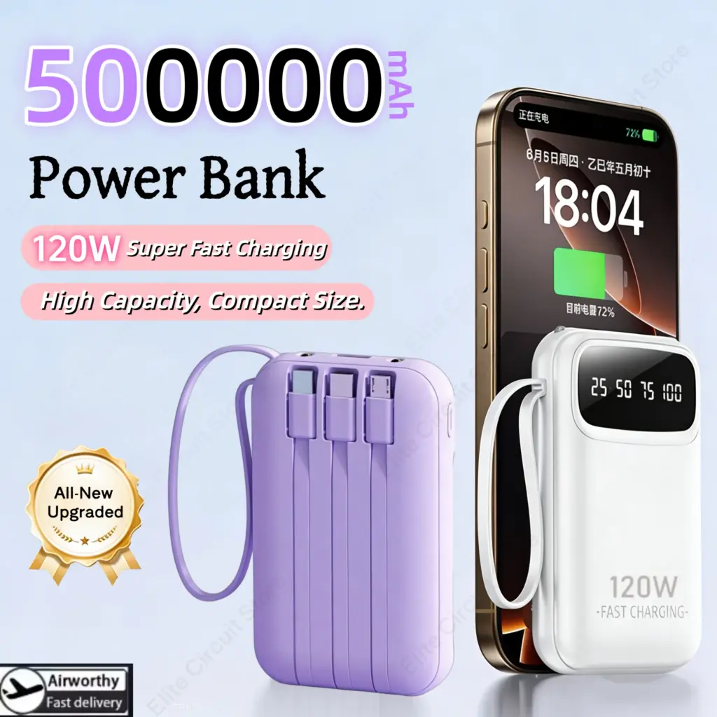 120W 500000mAh Capacity Power Bank Large Capacity Super Fast Charging External Battery Built in 4 Wires For iPhone Huawei 2026