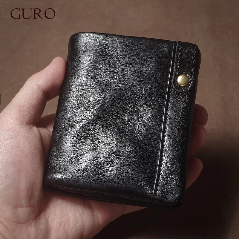 GURO Retro Genuine Leather Short Wallet Men and Women Bifold Money Clip Credit Card Holder with Zipper Coin Pocket Small Purse