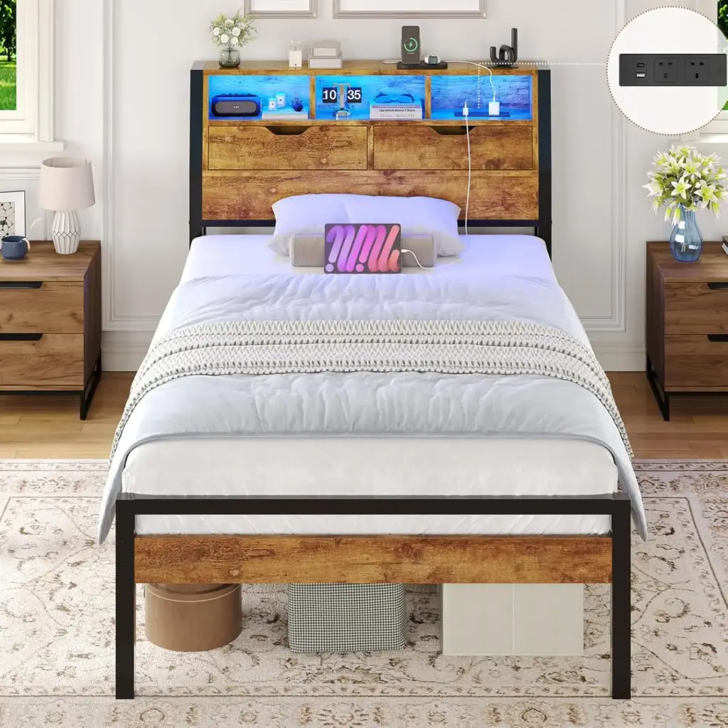 Single Bed Frame with Power Strip & LED Lights, Stable and Sturdy Metal Single Bed Frame with Wooden Headboard -2 Door Storage