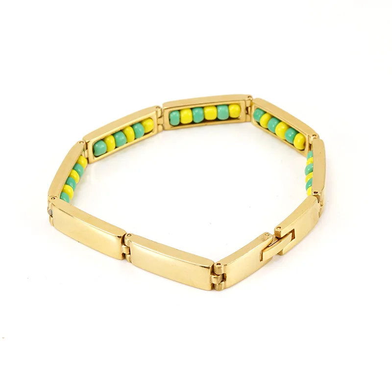 Trendy Unisex Beaded Bracelet - Stainless Steel with Green and Yellow Accents for All Styles