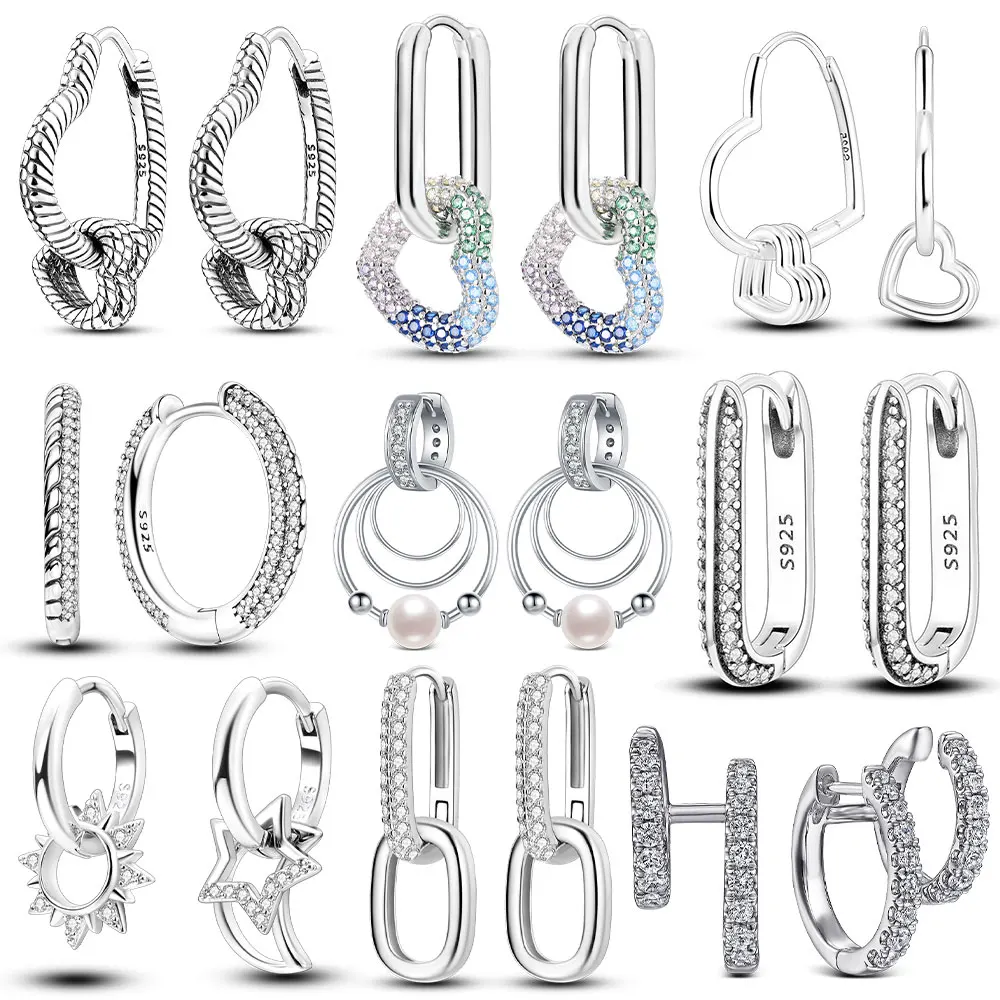 925 sterling silver Hoop Earrings For Women Sparkling Large Earrings Heart Star Eardrop Original Earring Jewelry Fashion Gifts