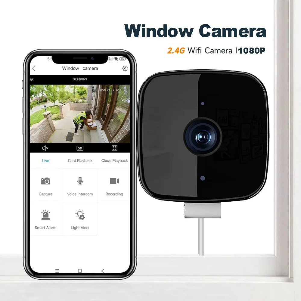 1080P WiFi Window Camera Full Color Night Vision Two-Way Audio Through Window Indoor Home Security Baby Monitor Camera