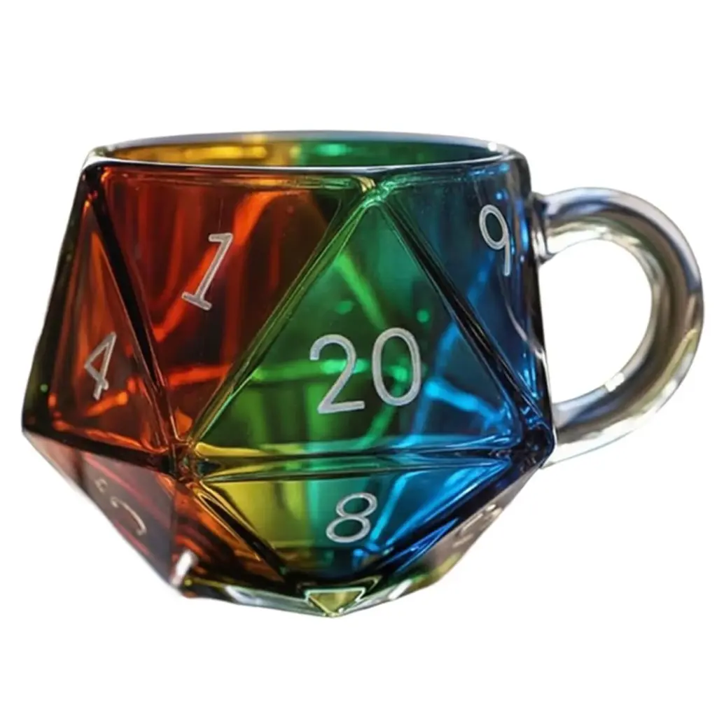 Rainbow D20 Dice Mug with Handle Transparent Glass Polyhedral Dice Coffee Cup Hand Painted DND Gaming Mug for Board Games Lovers