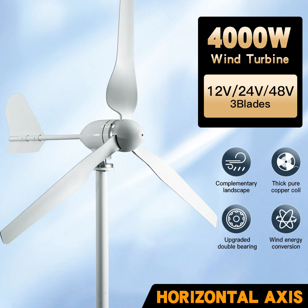 SMARAAD Horizontal Wind Generator 4000W Turbine MPPT Controller 12V 24V 48V Low Noise Medium Windmill Household Small