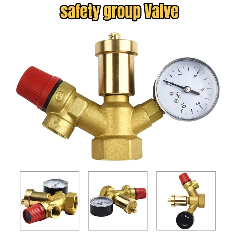 Brass Boiler Safety Group Valve with 3 Bar Relief 1 Inch Connection Quick Vent 3/8 Inch Manometer 0‑10 Bar for Heating