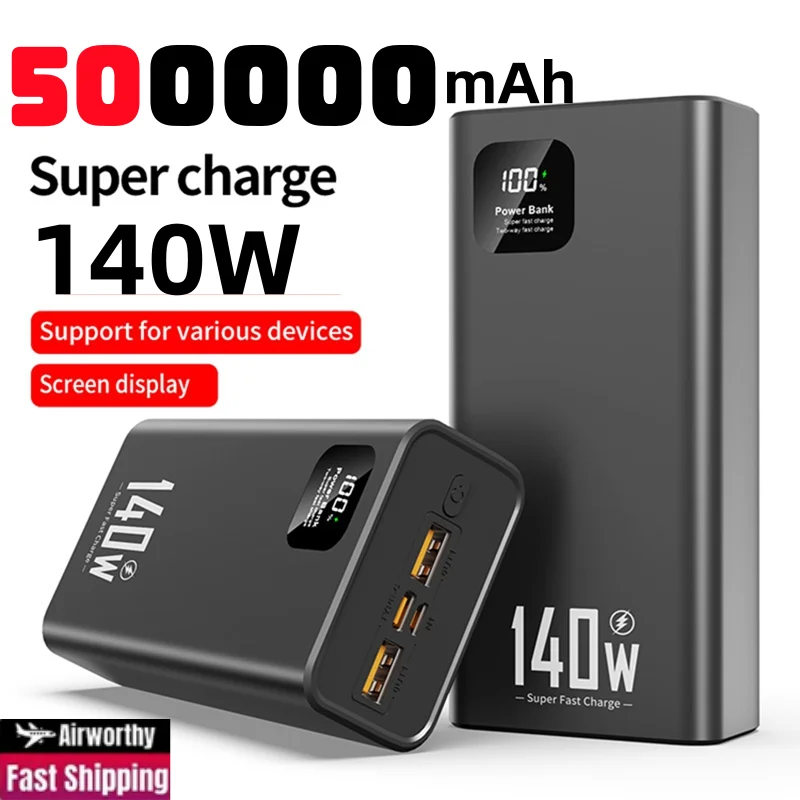 New 500000mAh Power Bank 140W Super Fast Charging Portable External Battery Charger for iPhone Huawei Samsung Xiaomi 2026 Hot