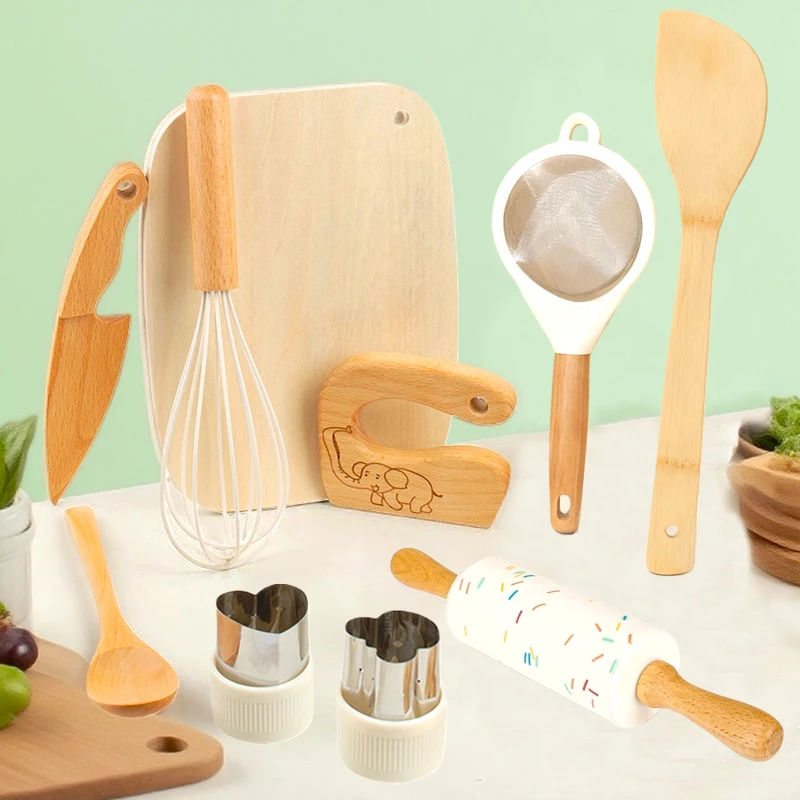 Montessori Kitchen Tools Real Cooking Set Wooden Educational Kid Toys Safe Knives Baking Set Kitchen Accessories For Boys Girls