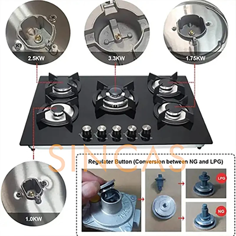 Multi Burner Gas Cooktop Glass Panel Built In Stove Auto Ignition Compatible Natural Gas LPG Build in Cooking Central Counter