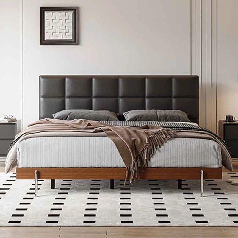 Luxury Bedroom Leather Headboard Solid Wood Bed Frame Sturdy Steel Leg Bed Bases Modern Home Hotel Guest Room Mattress Pallet