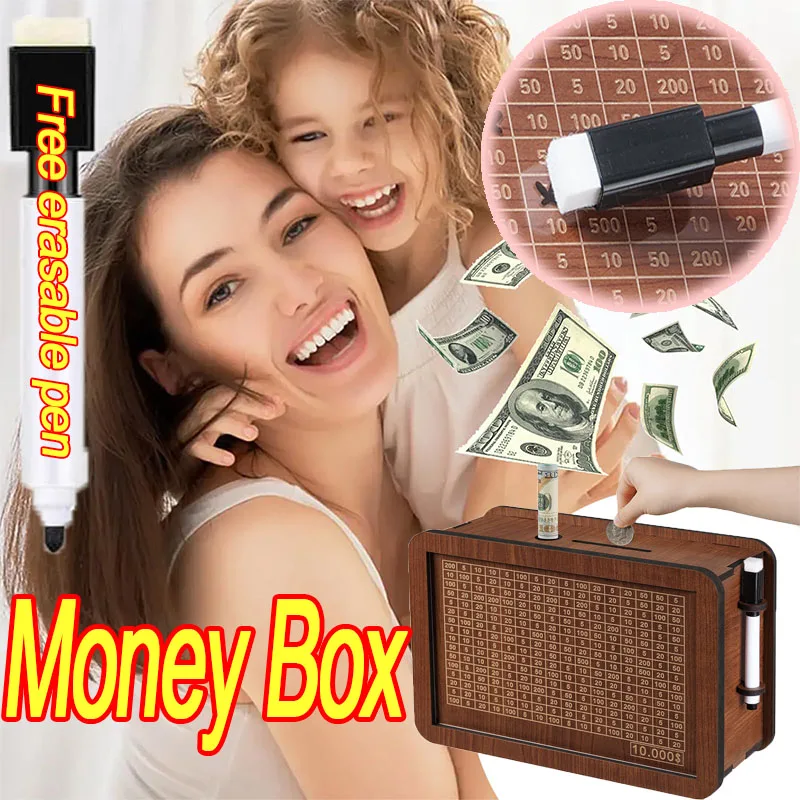 1000/3000/5000/10000 Euro Money Box Wooden Piggy Bank Reusable Money Vault Savings Box Challenge Cash Storage Case Children
