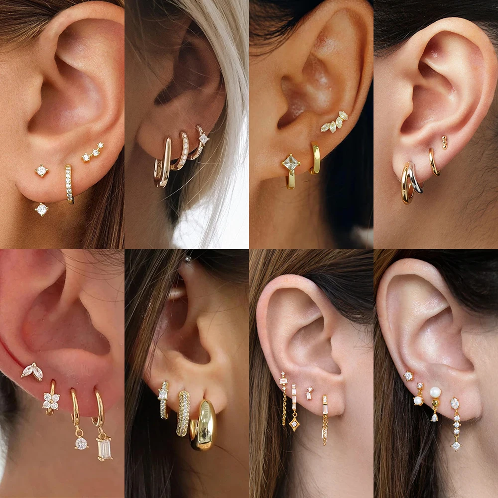 Dainty Zircon Small Stackable 14k Gold Plated Earrings Set for Women Multiple Piercing Cartilage Huggie Hoop Earring Jewelry