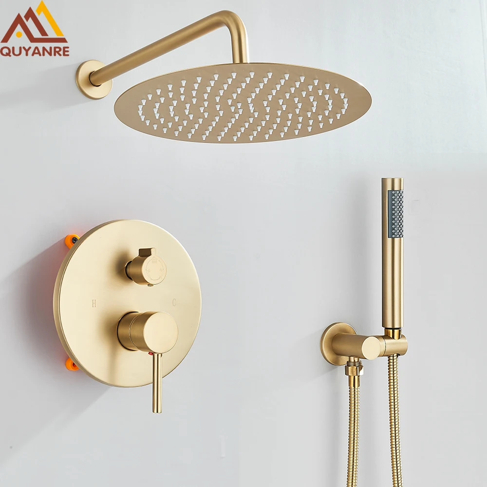 Brushed Gold Shower Faucets Set Rainfall Shower System Concealed Hot Cold Water Mixer Tap Bathroom Round Shower Faucet