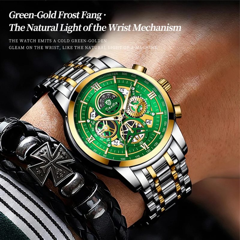 2026 New Green Roman Quartz Watches Man Business Stainless Steel Skeleton Top Brand reloj hombre