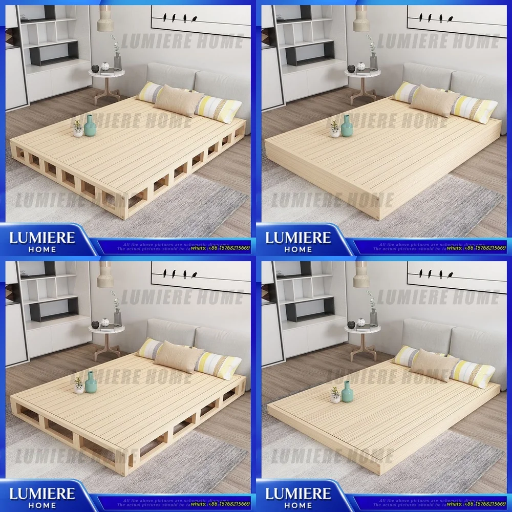 Solid Wood Double Bed Base Slatted Frame Low Profile Platform Japanese Style Floor Mattress Support No Headboard Tatami