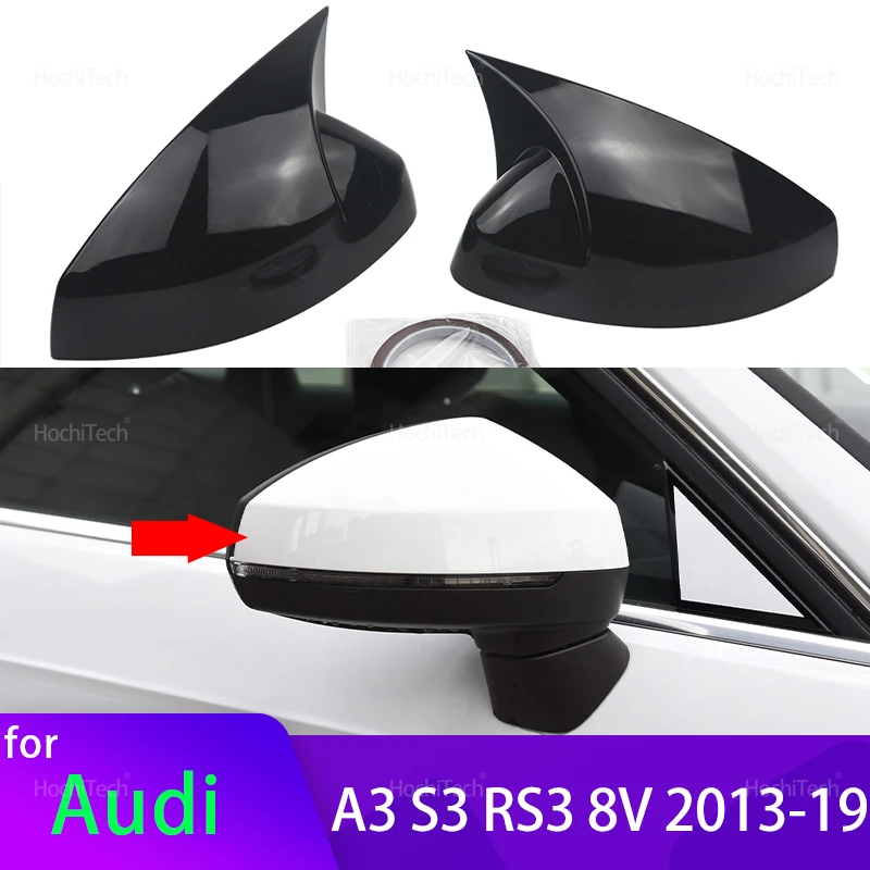 For Audi A3 S3 RS3 8V 2013-2019 2pcs Glossy Black Horn Style Add on Rearview Exterior Side Mirror Caps Cover Shell