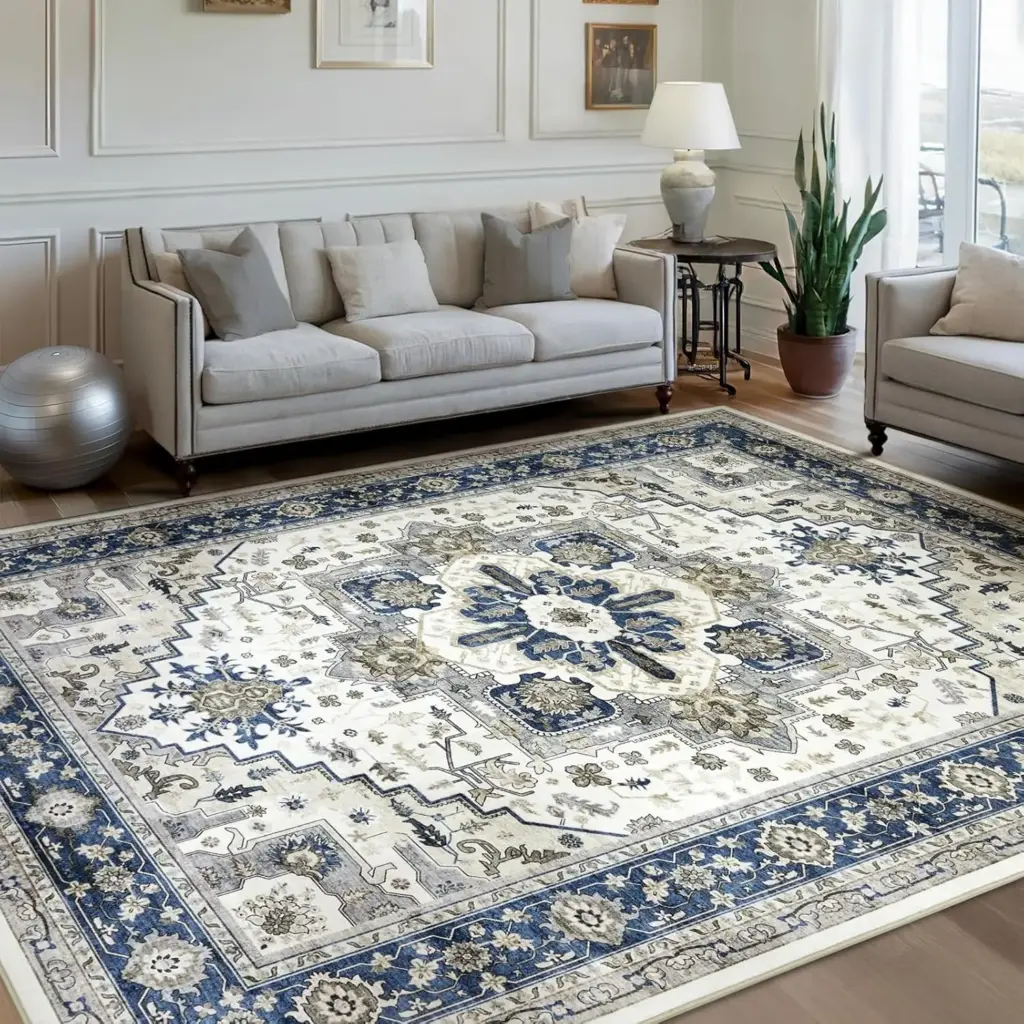 Traditional PersianPattern Carpet DecorationElegant Classic Style Floor Mat Blue and White Geometric Flower LivingRoom Floor Mat