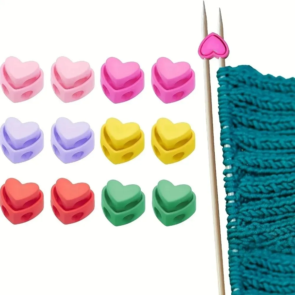 5pcs Colorful Heart-Shaped Needle Stoppers Double Hole, Spring Toggle for Knitting Crochet DIY Craft Stoppers Needle Holder