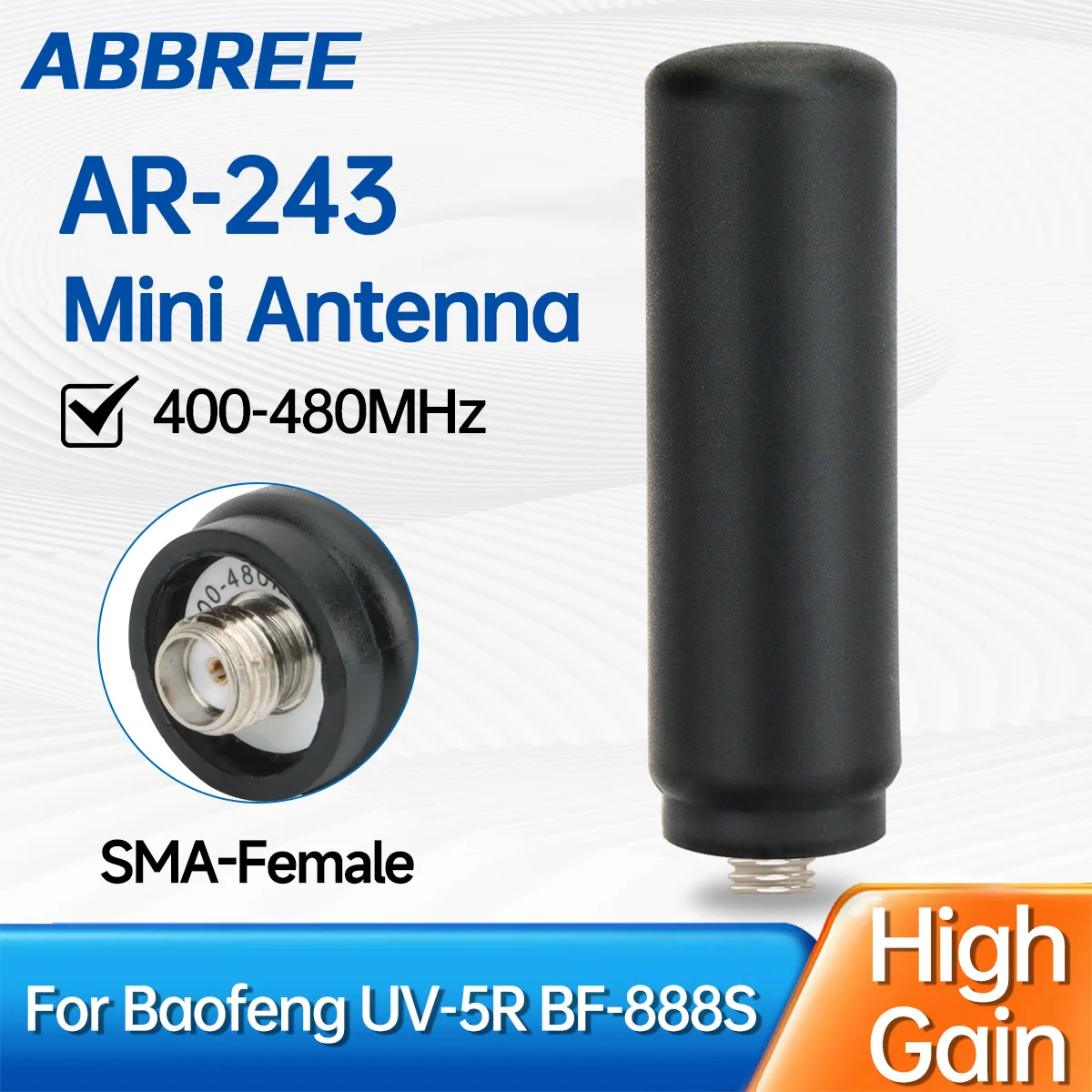 ABBREE AR-243 Mini Antenna SMA-Female UHF 400-480MHz High Gain For Baofeng Ham Radio BF-888S UV-5R UV-32 QUANSHENG UV-K5 K5(8)