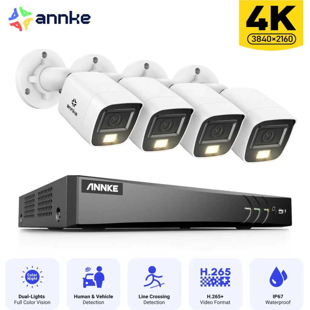 ANNKE 8MP cctv camera security system kit H.265+ 4K 5 in 1 TVI/AHD/CVI/CVBS/IPC Input 8CH DVR With 4pcs IR+white Light Camera