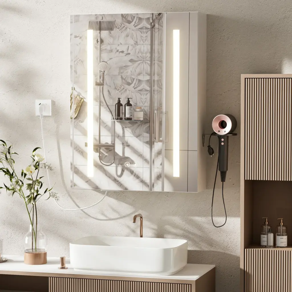 Fog-Free Bathroom Mirror Cabinet With Adjustable Shelves LED Lighting /3 color temperatures/Charging Ports (1 AC/2 USB) UK Plug