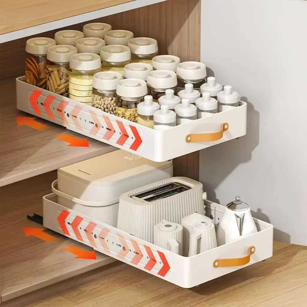 Expandable Pull out Cabinet Organiser Drawers,Depth Adjustable Slide Out Drawer,Pullout Peel and Stick on Pantry Shelf