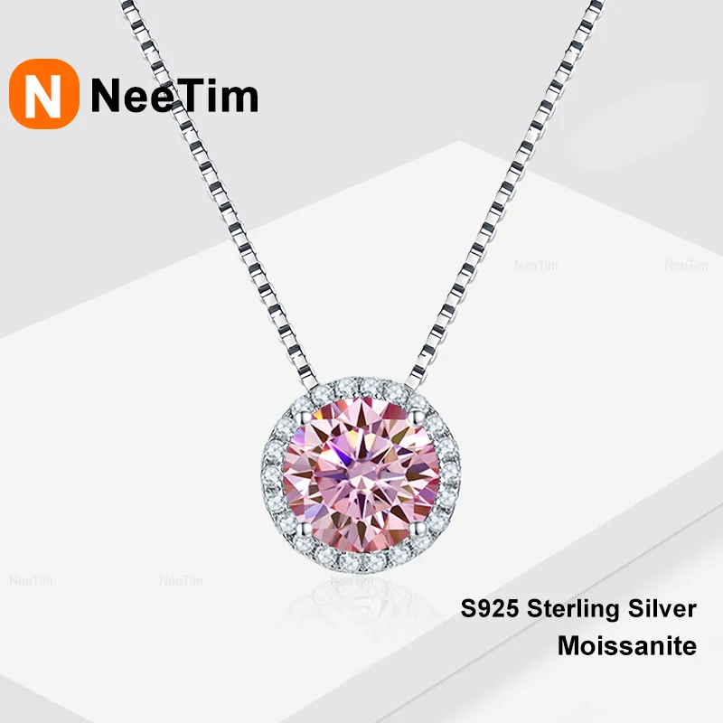 NeeTim 0.5ct 1ct Pink Blue Black Colorful Moissanite Necklaces for Women 925 Sterling Silver Box Chian Pendant Woman's Necklace