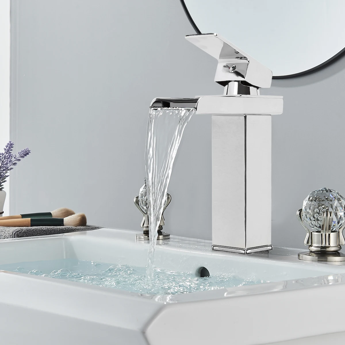 Square Waterfall Basin Faucet Deck Mounted Stainless Steel Brushed Silver Sink Tap Hot & Cold Water Mixer Home Bathroom Taps