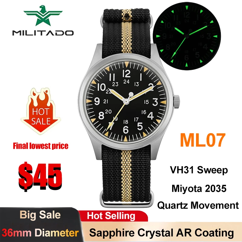 Militado ML07 Quartz Watches VH31/Miyota 2035 Movement Domed Sapphire Crystal Military Watch 100m Waterproof Luminous Mens Watch