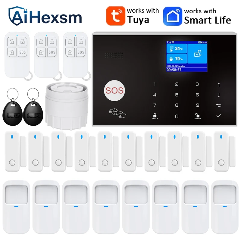 Alarm System for Home WIFI GSM Security Alarm Host Ant-theft with Door Gap PIR Motion Sensor Tuya Smart App control work Alexa