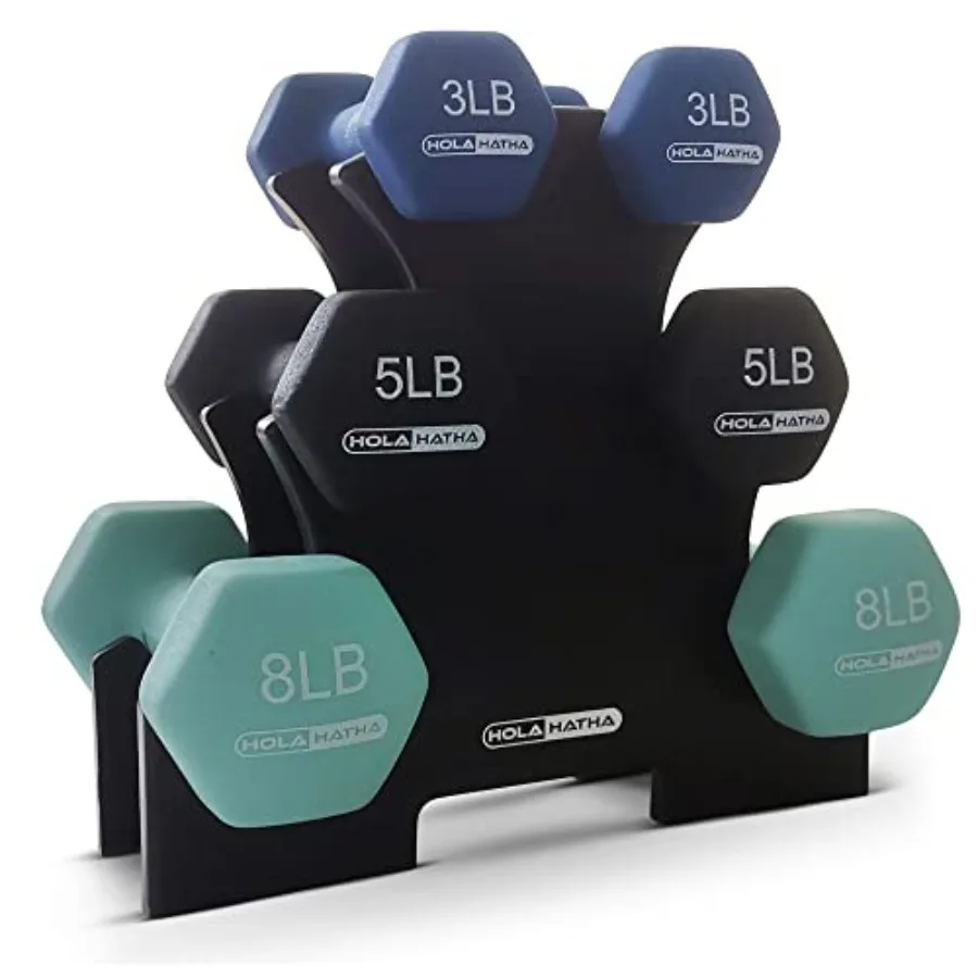 HolaHatha 2 3 5 8 and 10 Pound Neoprene Dumbbell Free Hand Weight Set with Rack Pastel for Home Exercises to Gain Tone and Defi
