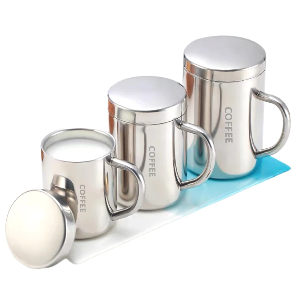 1 Piece Coffee Mug Stainless Steel Double-Walled Metal Mugs 400ml 300ml 200ml Tea Cup with Lid and Handle for Home Travel Mug