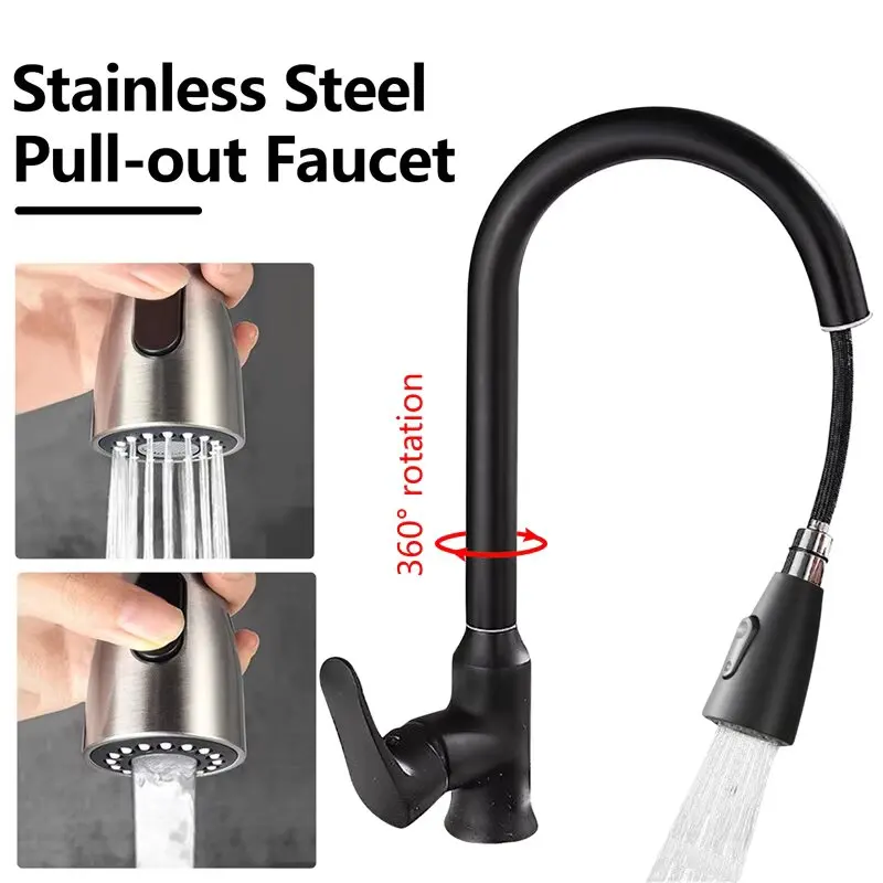 Stainless steel kitchen faucet single hole pull out spout kitchen sink mixer faucet flow spray head 360 swivel cleaning faucet