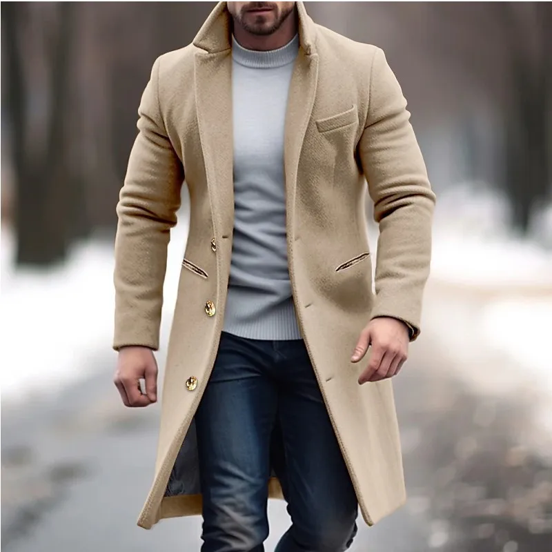 2025 New Men's Wool Blend Long Coat Single Breasted Slim Fit Autumn Winter Overcoat