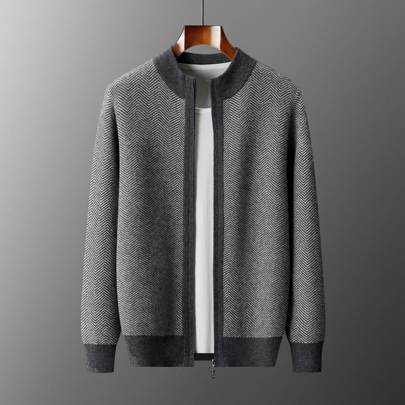 New Launch: 100% Merino Wool Knitted Zipper Cardigan Men's Half High Collar Herringbone Pattern Thick Coat Casual Warm Jacket