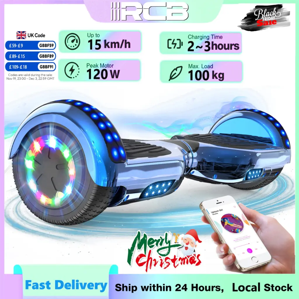 RCB Hoverboards for kids, 6.5 Inch Two-Wheel Self Balancing Electric Scooter with Bluetooth Speaker, LED Lights, Great Gift