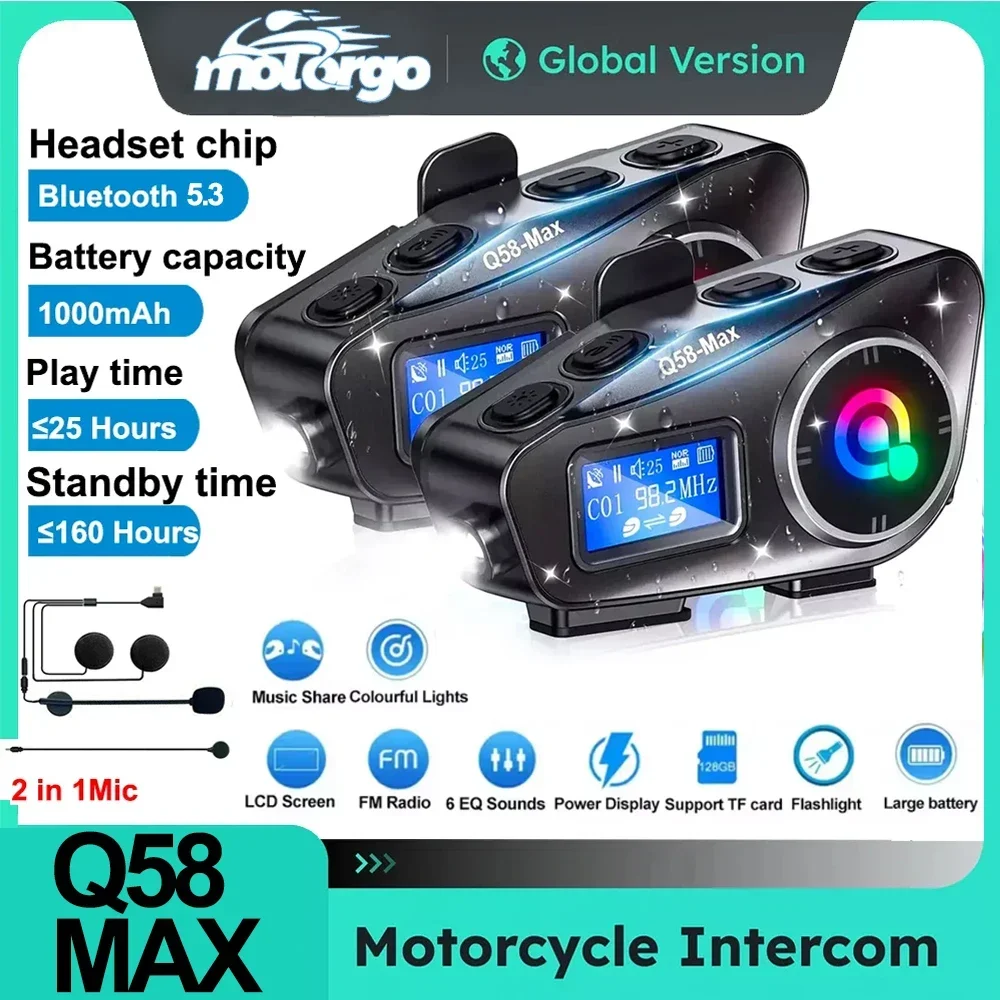 Motorcycle Helmet Intercom Bluetooth 5.3 LCD Display Headset for 2 Riders with Music Sharing And Flashlight 500M Interphone