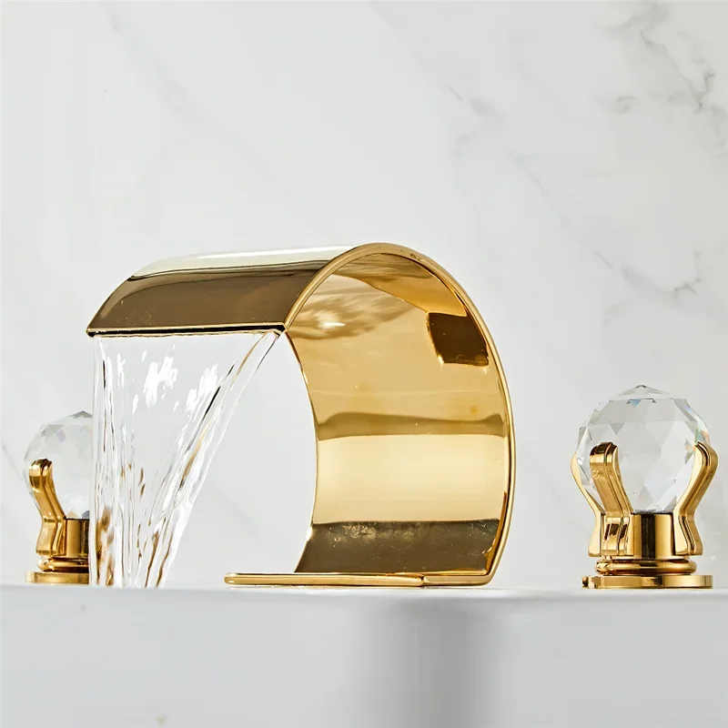 Gold Bathroom Faucet Widespread Sink Tap Brass Faucet Bathroom Sink Faucet 3 Hole Crystal Handle Hot And Cold Water Tap