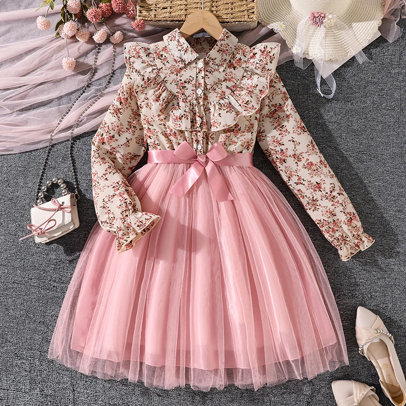 Girls' Peasant Style Dress 8-12 Years Floral Print Lapel Pink Mesh Hem Sweet Elegant Spring Summer Dress