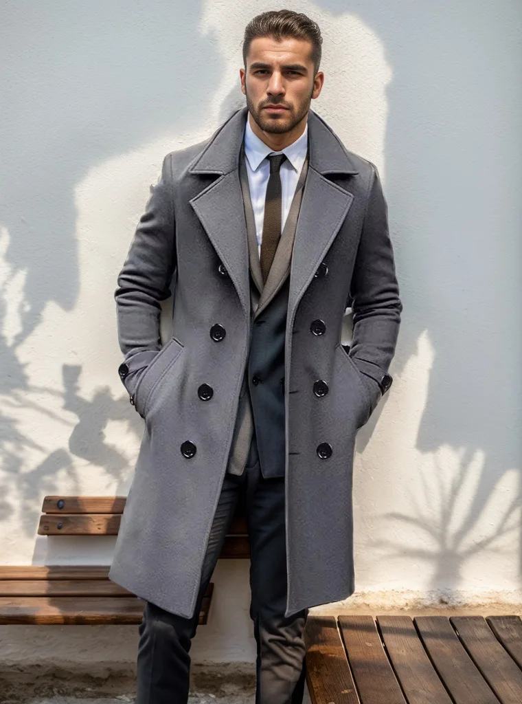 Men's Double Breasted Wool Coat Mid-Length Business Casual Winter Overcoat