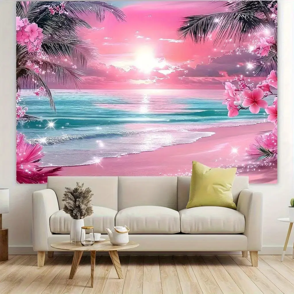 Bright Pink Sunset Hawaii Beach Trees Flower Tapestry Wall Hanging Wall Decoration Bedside Background Cloth