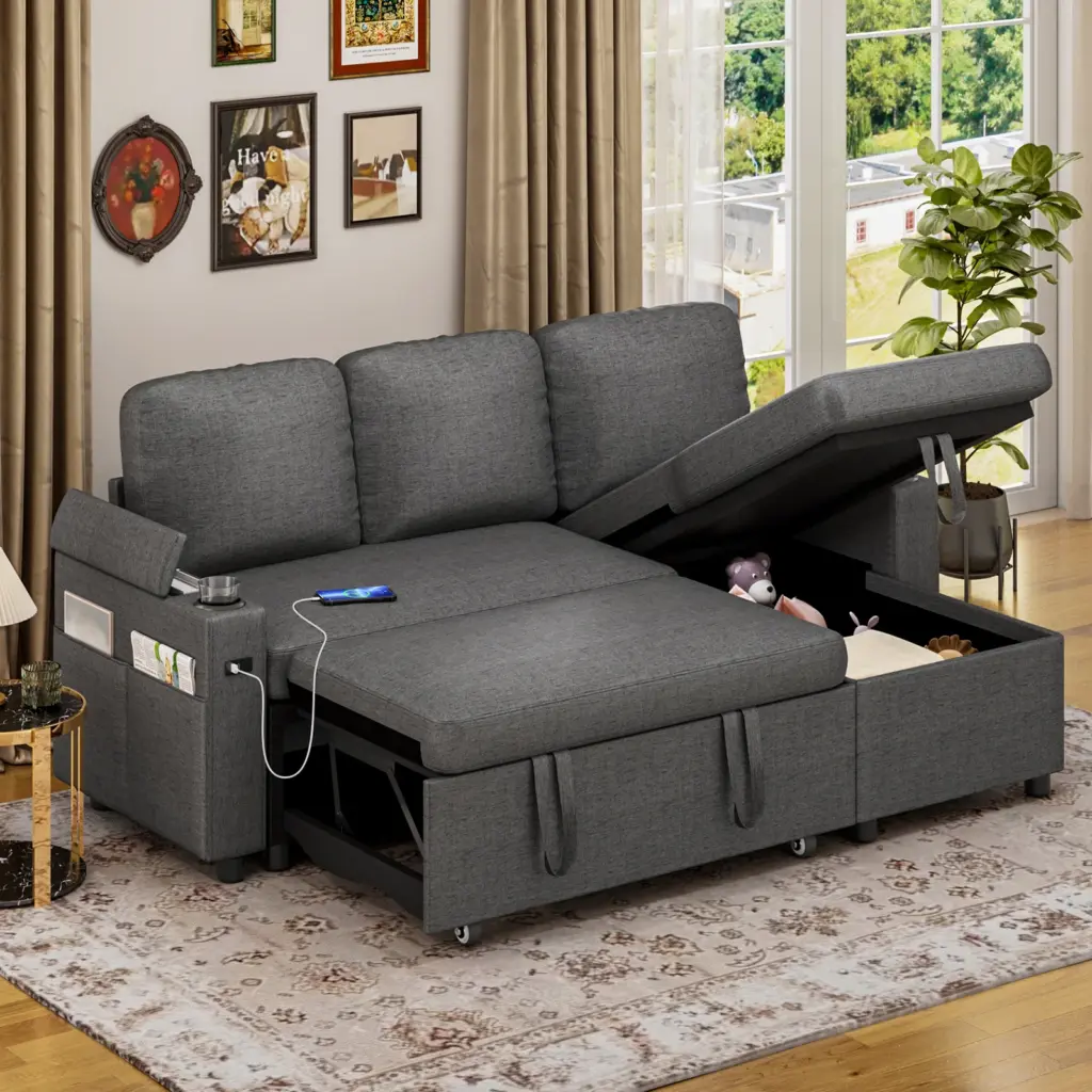 Sofa Bed, L-Shaped Sleeper Sectional Couch Bed,2-in-1 Convertible Pull Out Corner Sofa with Storage, USB, Cup Holder