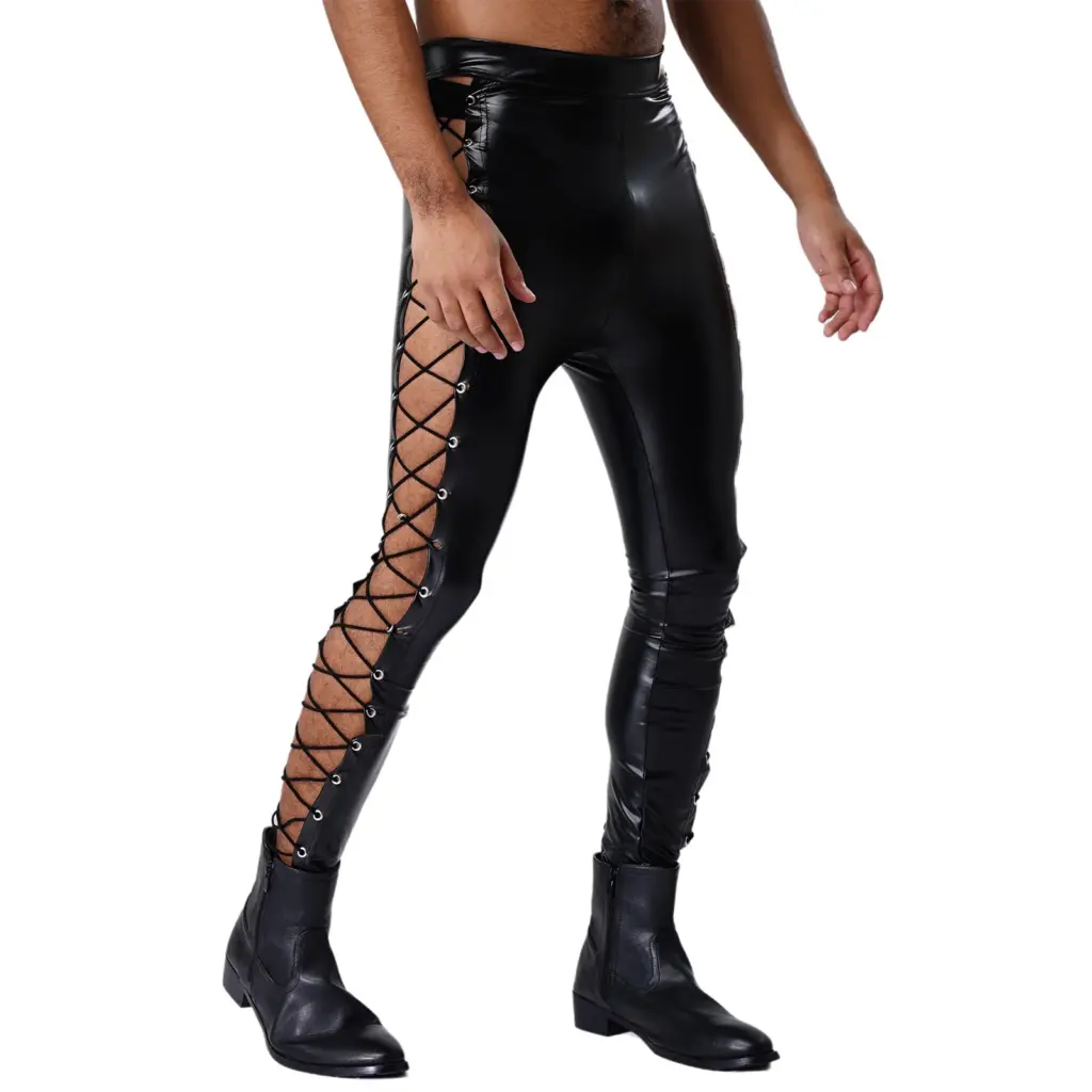 Men Punk Matte PU High Waist Leggings Back Zip Sides Lace-up Tights Skinny Long Pants Chic Clubwear for Party Pole Dance