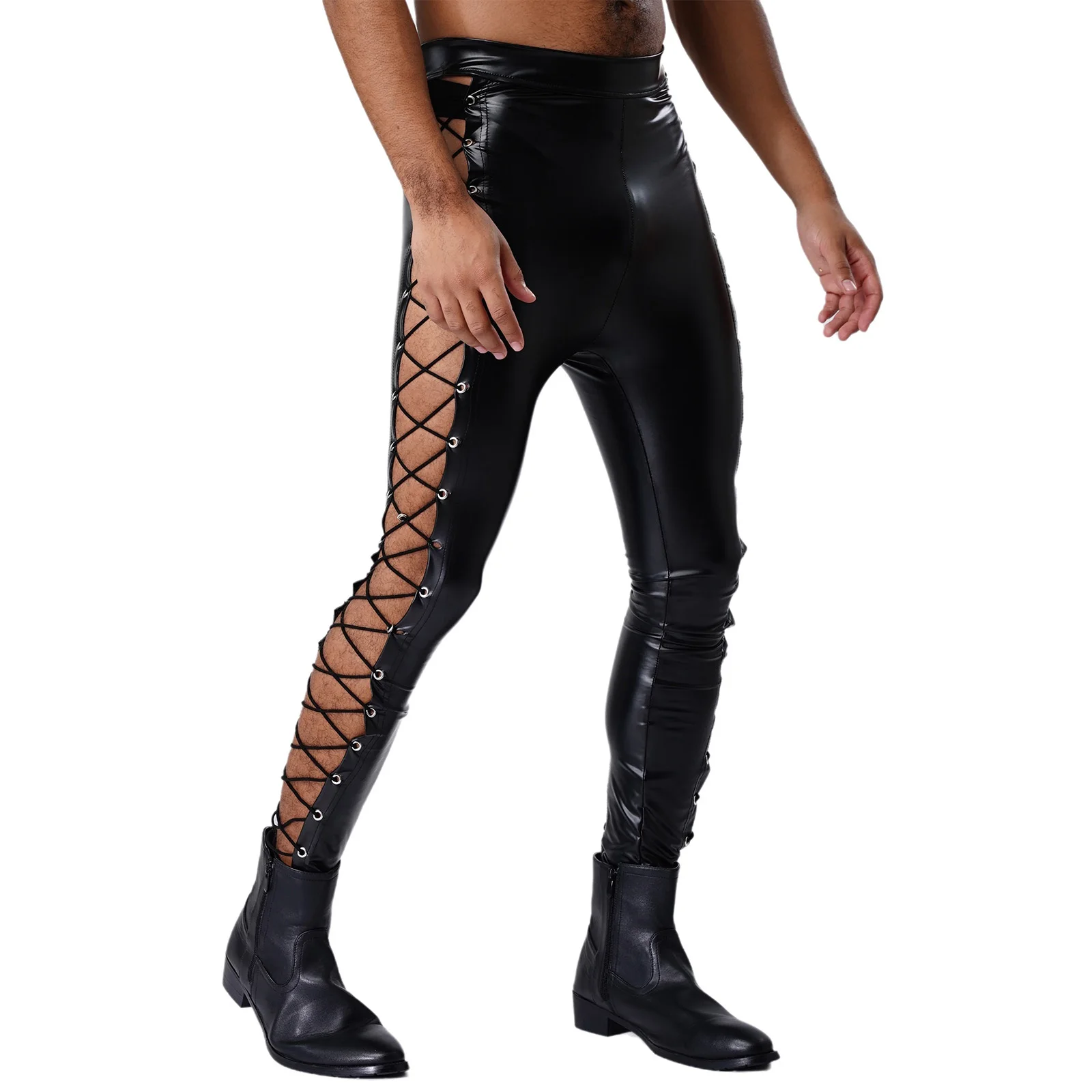 Men Punk Matte PU High Waist Leggings Back Zip Sides Lace-up Tights Skinny Long Pants Chic Clubwear for Party Pole Dance