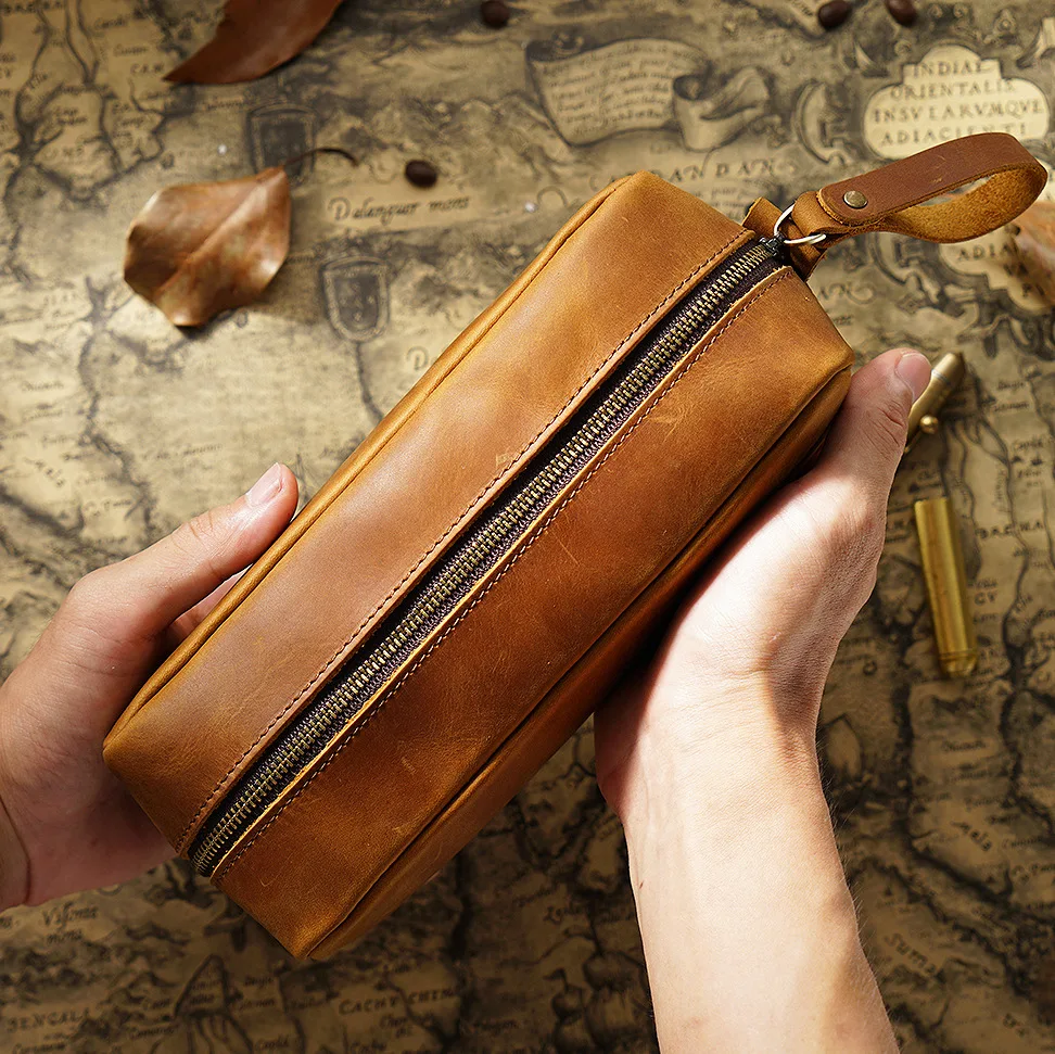 large capacity zipper pen case cowhide pencil bag storage bag business pen bag student pouch stationery supplies