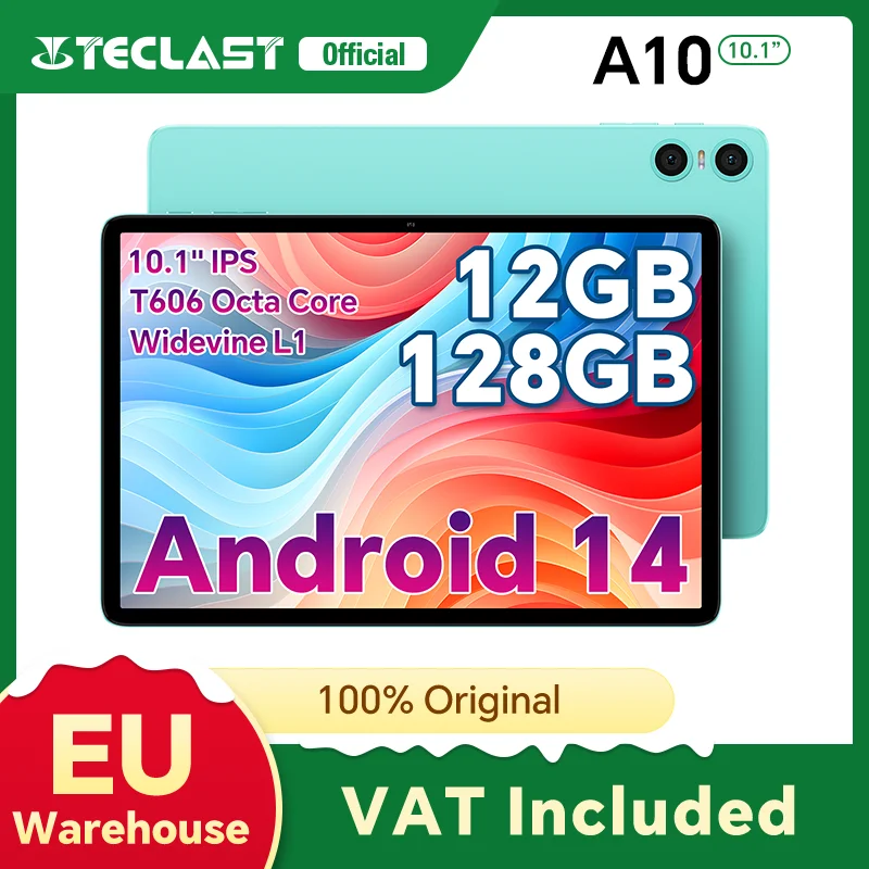Teclast ODEA A10 Android 14 tablet, 10,1 1280X800 inches, Max. 12 GB of Ram, 128 Go Rom, Octa Core, Unisoc T606, Mali-G57, 6000 Mah, 5 Mp + 2 Mp, supports Tf up to 1 Tob, C Type, GPS, widevine L1