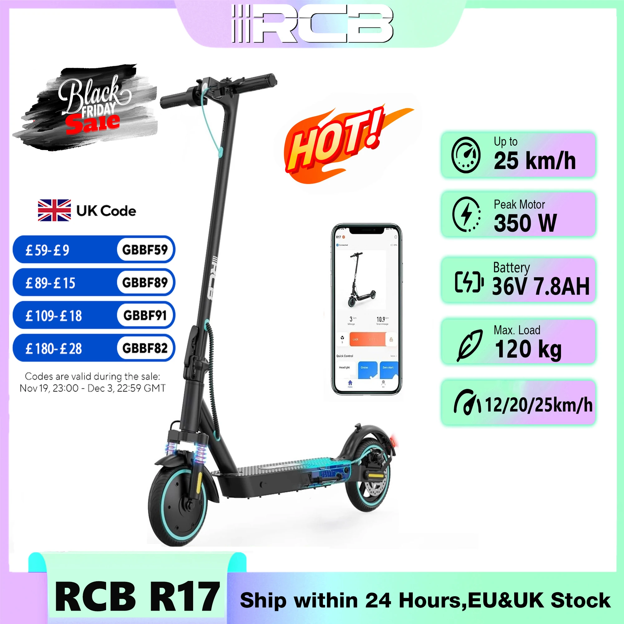 RCB R17 Electric Scooter, 350W Motor, Speed up to 25 km/h, 30 km of autonomy, 8.5" Solid Tire, Maximum Load 120 kg, Dual Braking