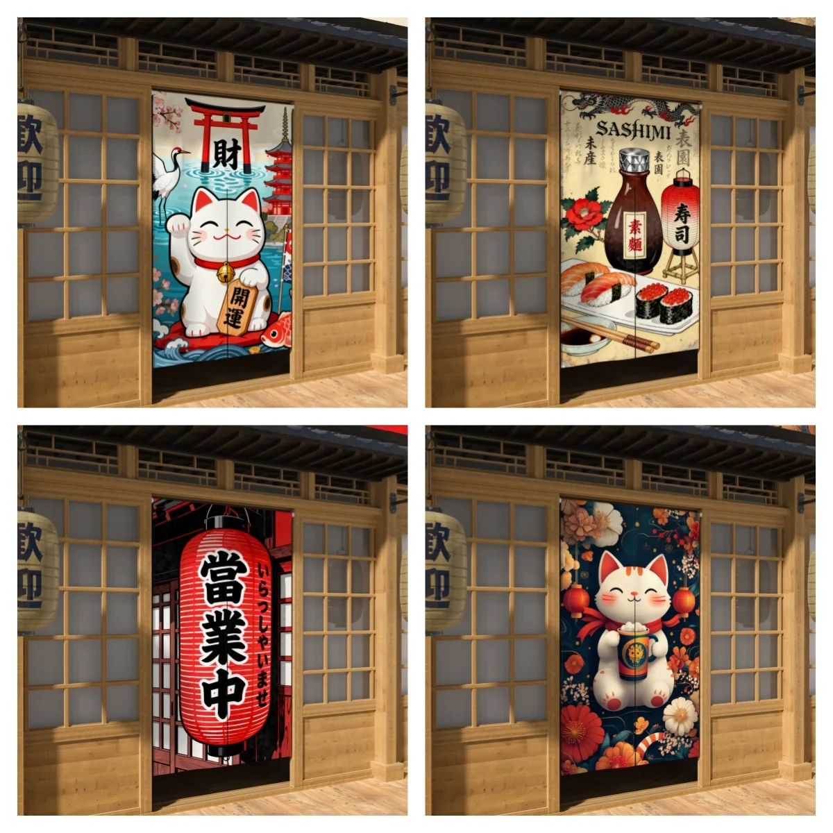 Japanese Style Noren Door Curtains Lucky Cat Sushi Sashimi Print Linen Doorway Curtains Izakaya Dining Room Split Half Curtains